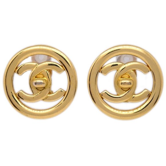 Auth Chanel CC Turnlock Button Earrings Gol - Picture 1 of 4